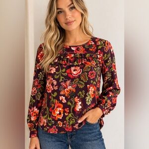 🌺 LOFT Floral Tie Neck Blouse Size Small Boho Retro Long Sleeve Burgundy Orange
